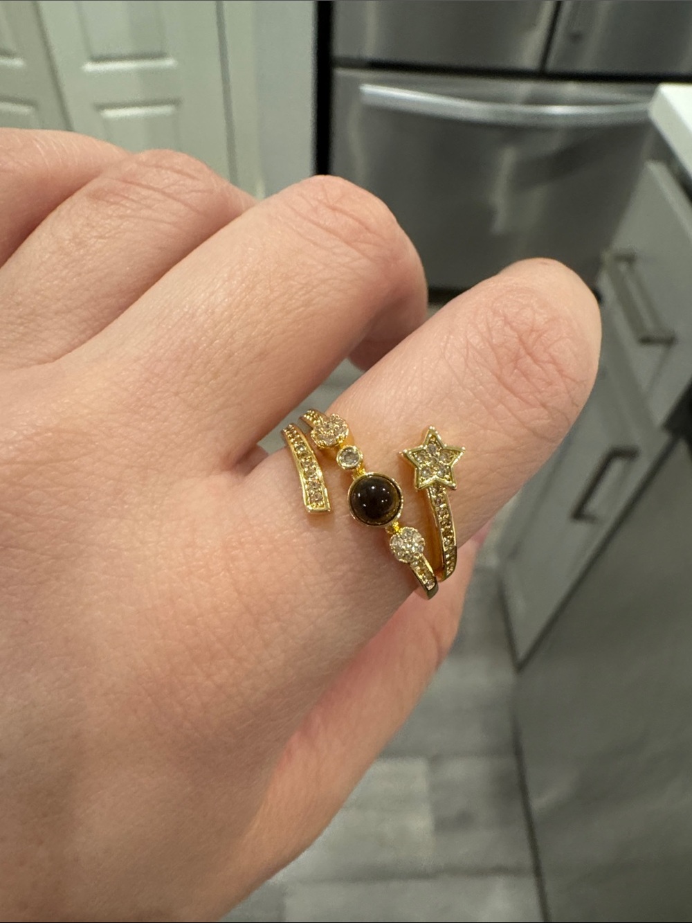 Lola Rose Tiger Eye Meteor Star Adjustable Ring Gold Tone size 7-9